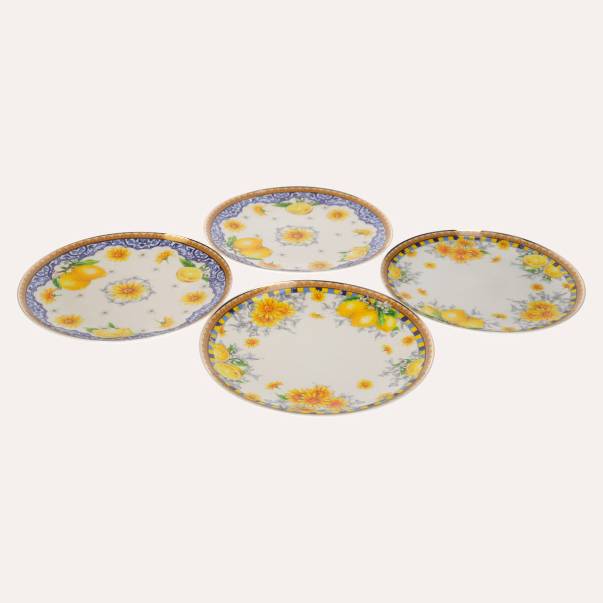 Servizio 4 Piatti in Porcellana Decorata con Limoni e Fiori – Stile Mediterraneo