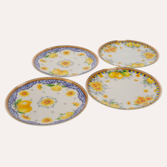 Servizio 4 Piatti in Porcellana Decorata con Limoni e Fiori – Stile Mediterraneo