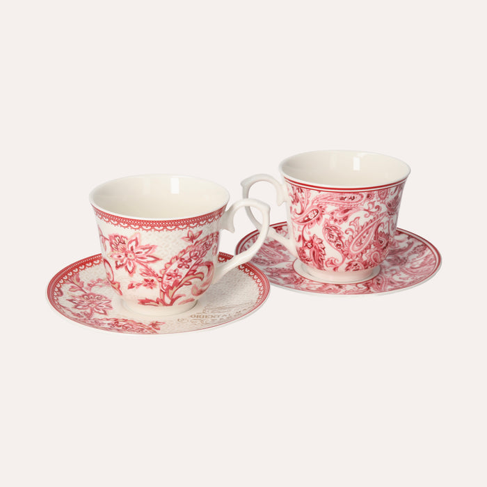 Set 2 Tazze con Piattino in Porcellana Decorata Rosso – Stile Classico