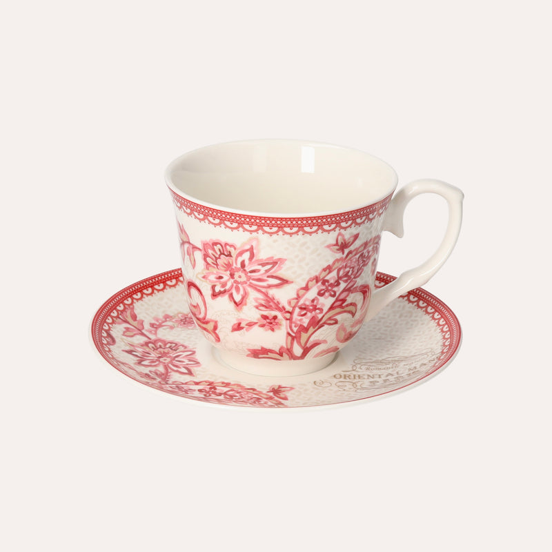 Set 2 Tazze con Piattino in Porcellana Decorata Rosso – Stile Classico