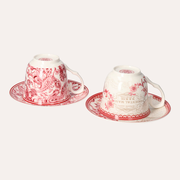 Set 2 Tazze con Piattino in Porcellana Decorata Rosso – Stile Classico