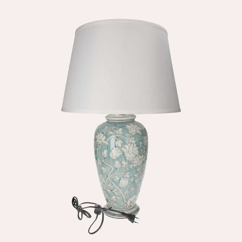 Lampada in Ceramica Verde Acquamarina con Paralume Bianco
