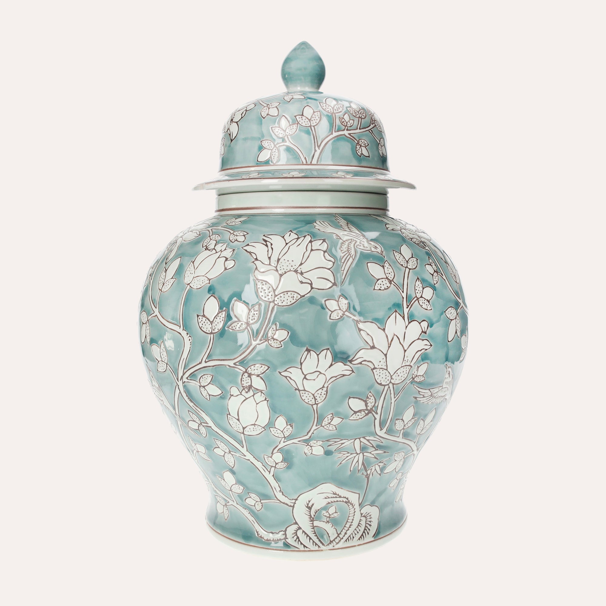 Potiche Bombata in Marine Green Porcelain with White Arabesques