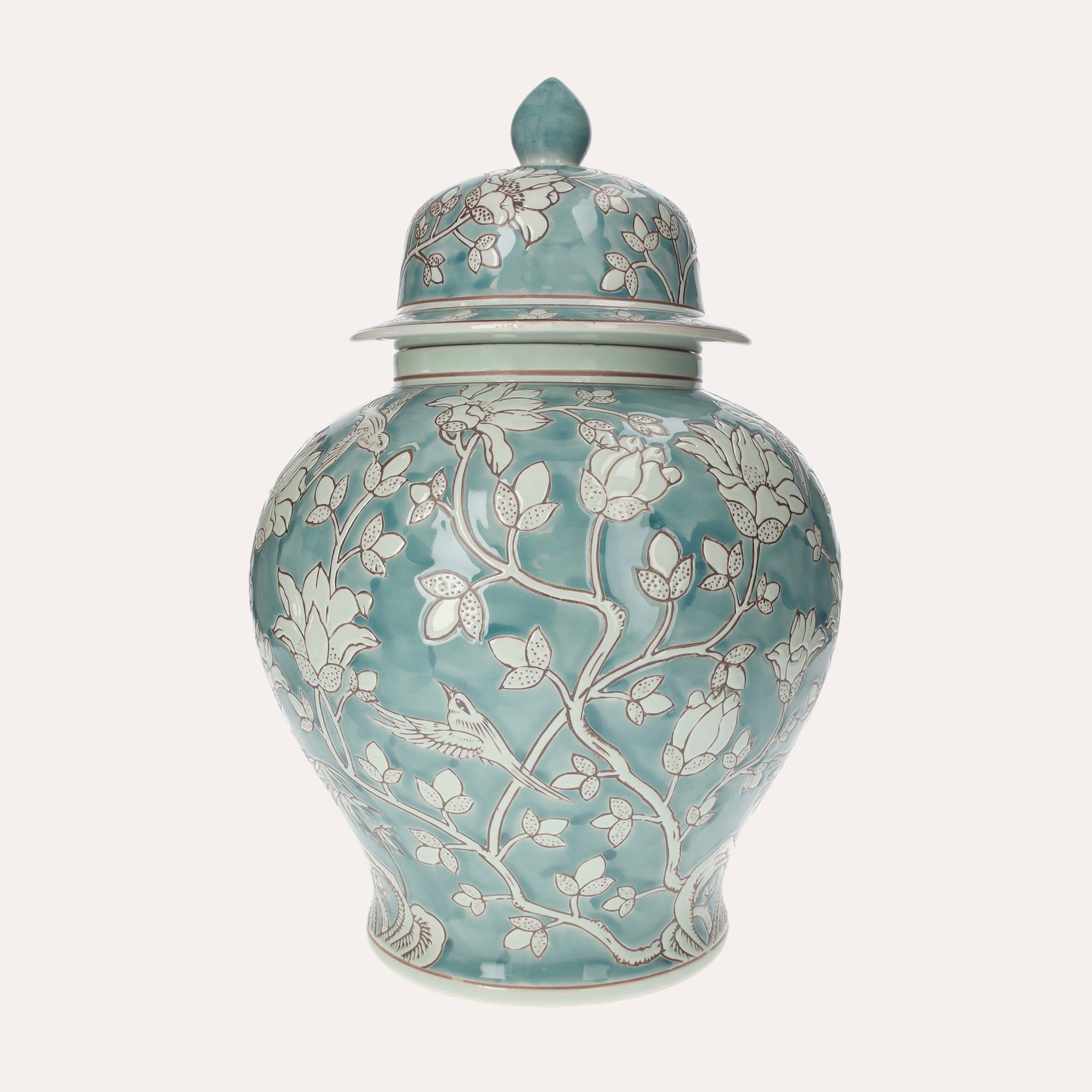 Potiche Bombata in Marine Green Porcelain with White Arabesques