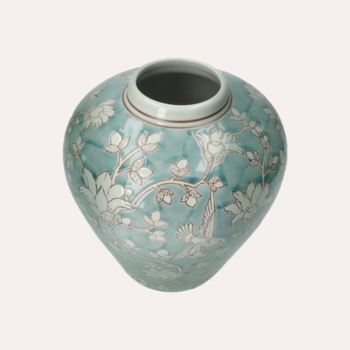 Vaso Elegante in Porcellana Verde Marino con Arabesque Bianchi