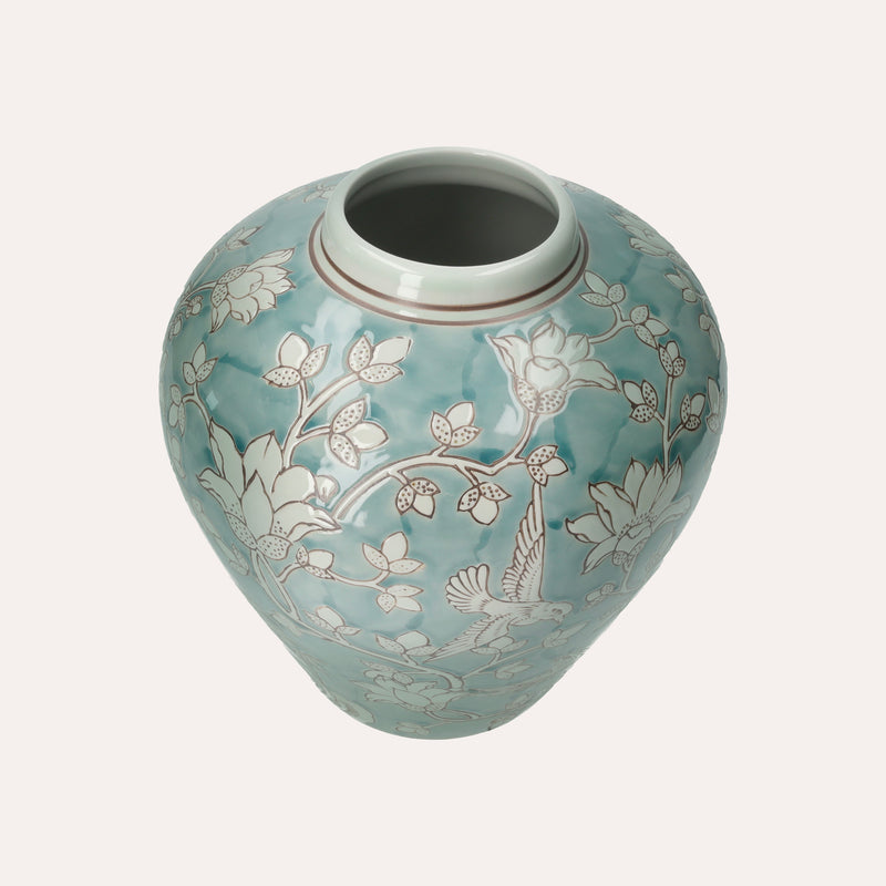 Vaso Elegante in Porcellana Verde Marino con Arabesque Bianchi