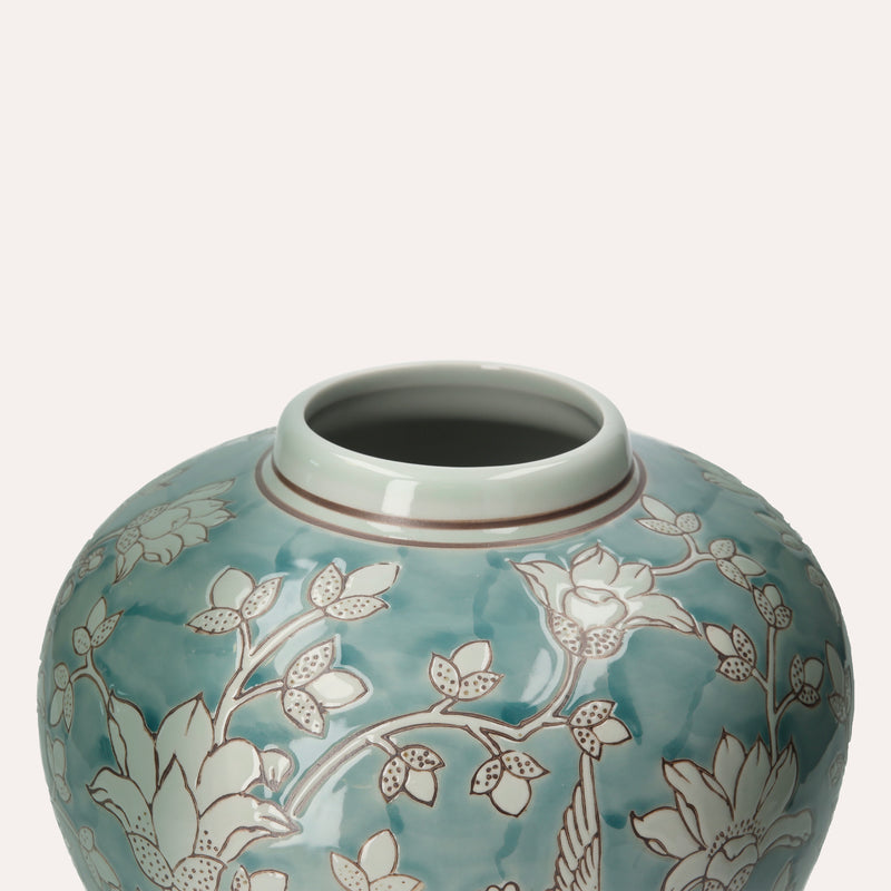 Vaso Elegante in Porcellana Verde Marino con Arabesque Bianchi