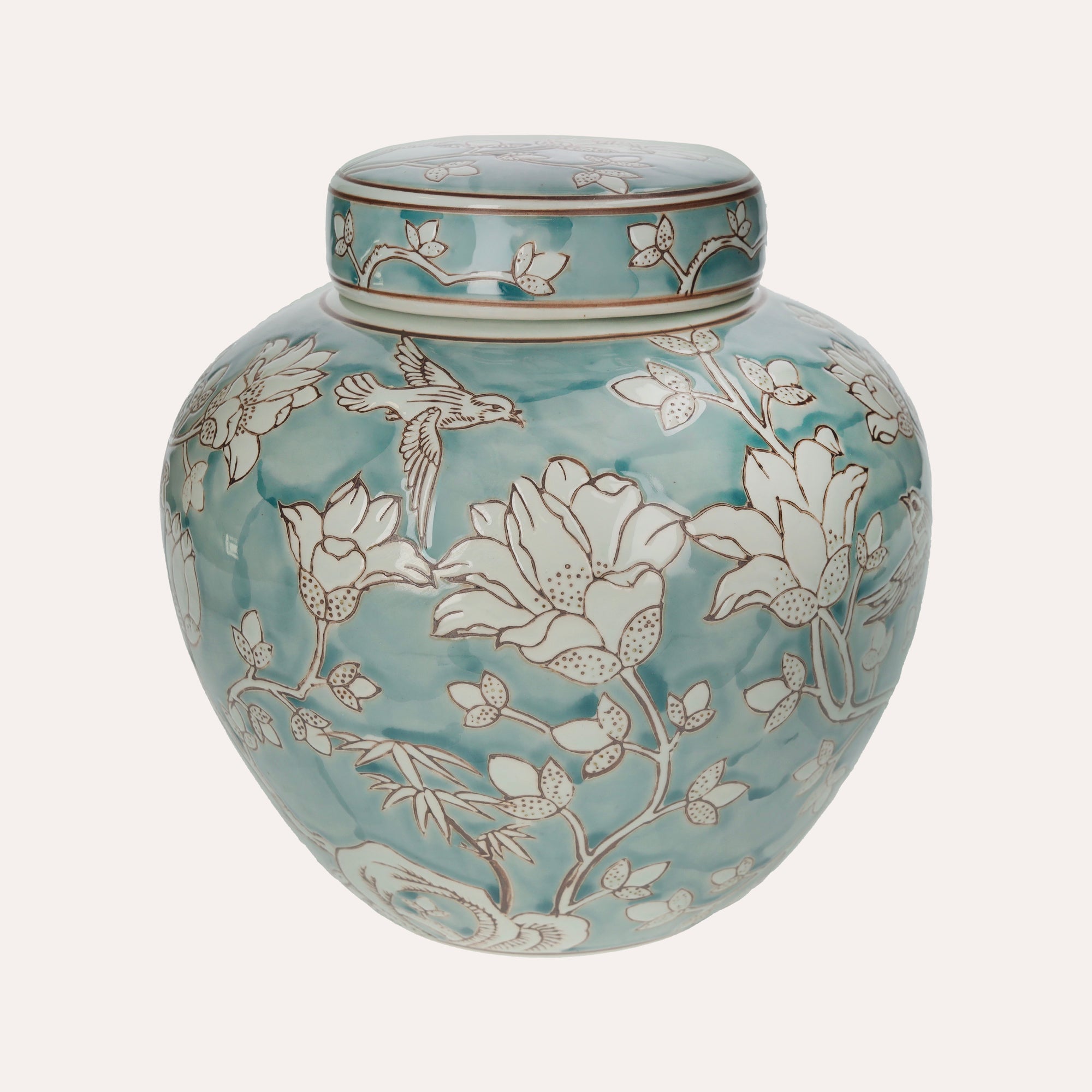 Potiche in Marine Green Porcelain with White Arabesques