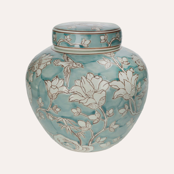 Potiche in Porcellana Verde Marino con Arabesque Bianchi