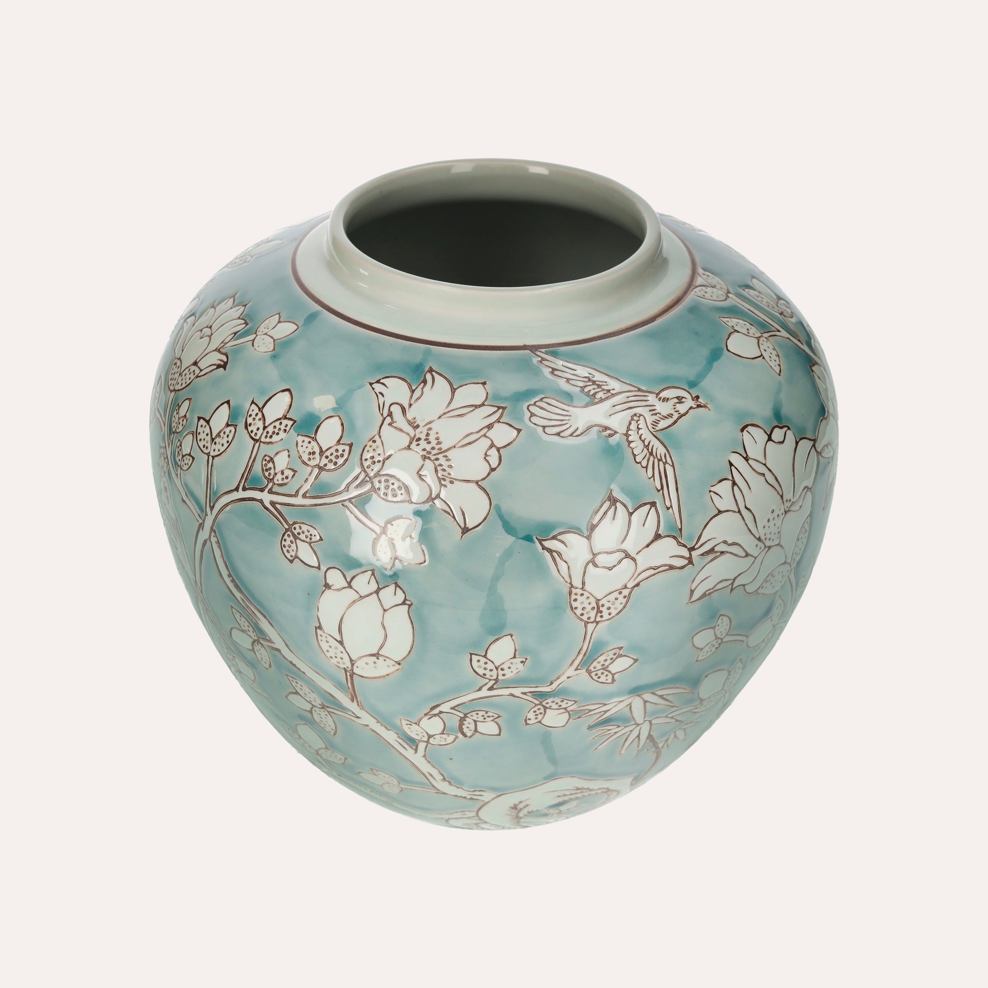 Potiche in Marine Green Porcelain with White Arabesques