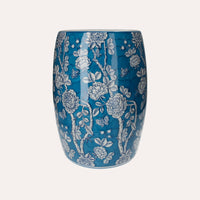 Pouf in Porcellana Decorato con Fiori e Farfalle Bianchi