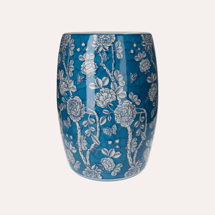 Pouf in Porcellana Decorato con Fiori e Farfalle Bianchi