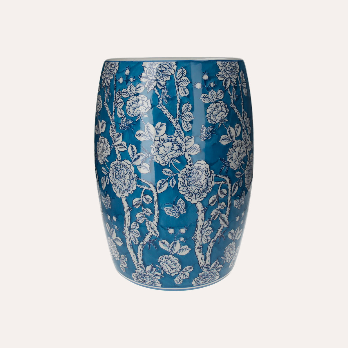 Pouf in Porcellana Decorato con Fiori e Farfalle Bianchi