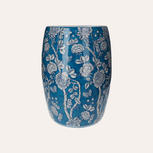 Pouf in Porcellana Decorato con Fiori e Farfalle Bianchi