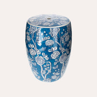 Pouf in Porcellana Decorato con Fiori e Farfalle Bianchi