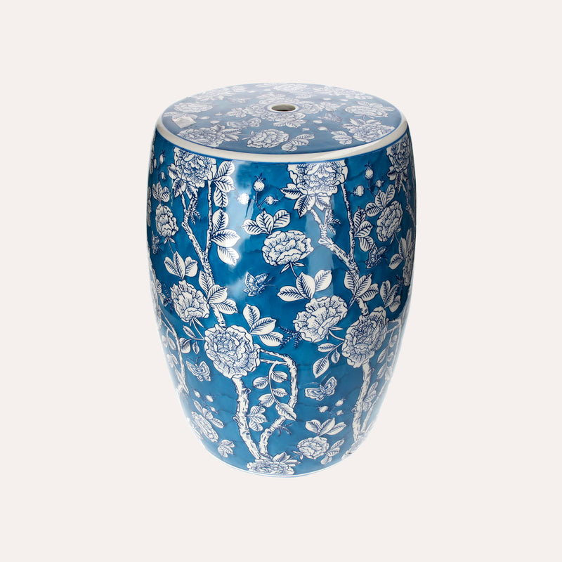 Pouf in Porcellana Decorato con Fiori e Farfalle Bianchi