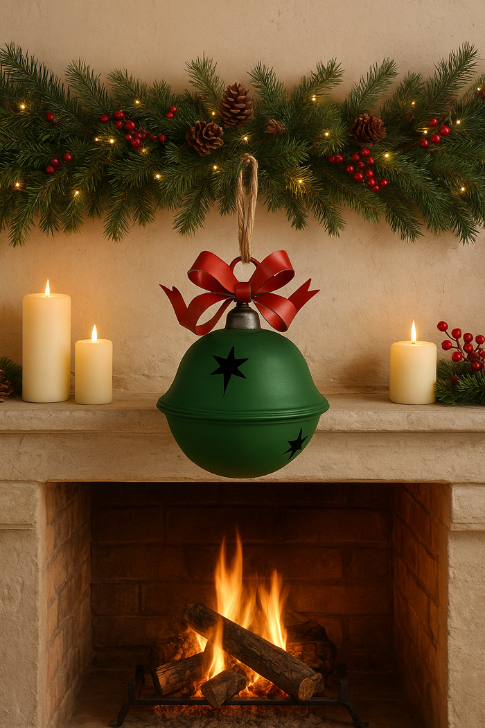 Campana Natalizia Verde in Metallo con Fiocco Rosso – Decorazione da Appendere