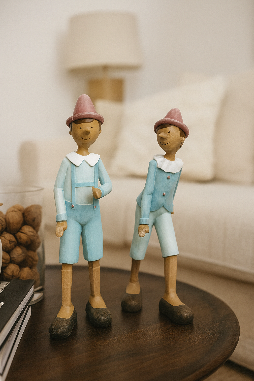 Pair of Pinocchio figurines in blue resin