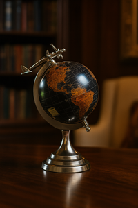 Mappamondo Decorativo con Aereo, soprammobile per Scrivanie e Ufficio – H27 x D20 cm