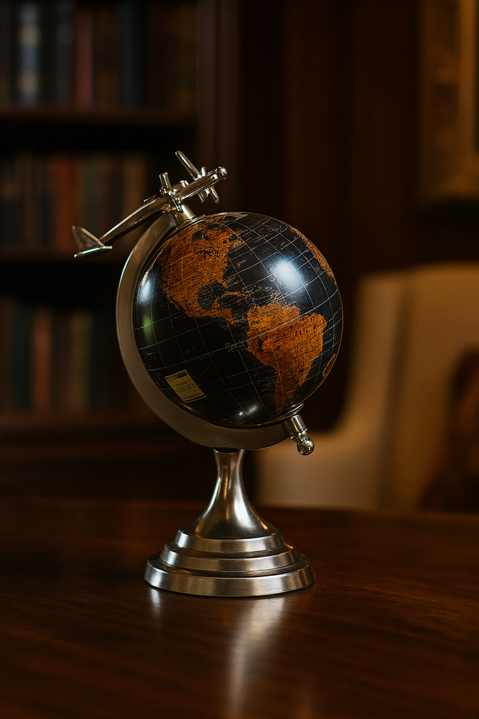Mappamondo Decorativo con Aereo, soprammobile per Scrivanie e Ufficio – H27 x D20 cm