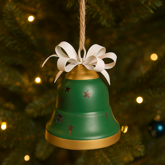Campanella Natalizia Verde in Metallo con Fiocco - Decorazione Arredo Casa