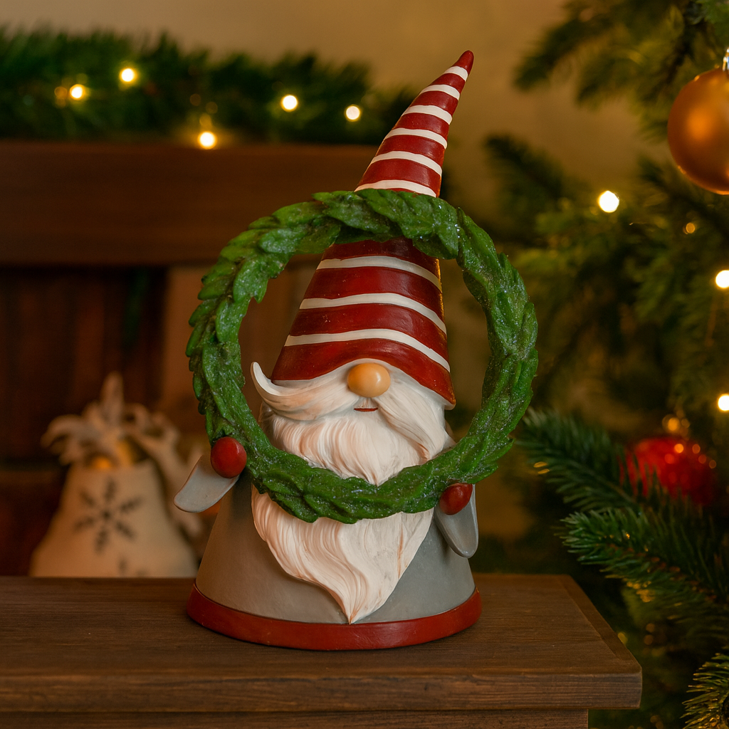 Decorative Christmas Gnome in Resin with Red Striped Hat