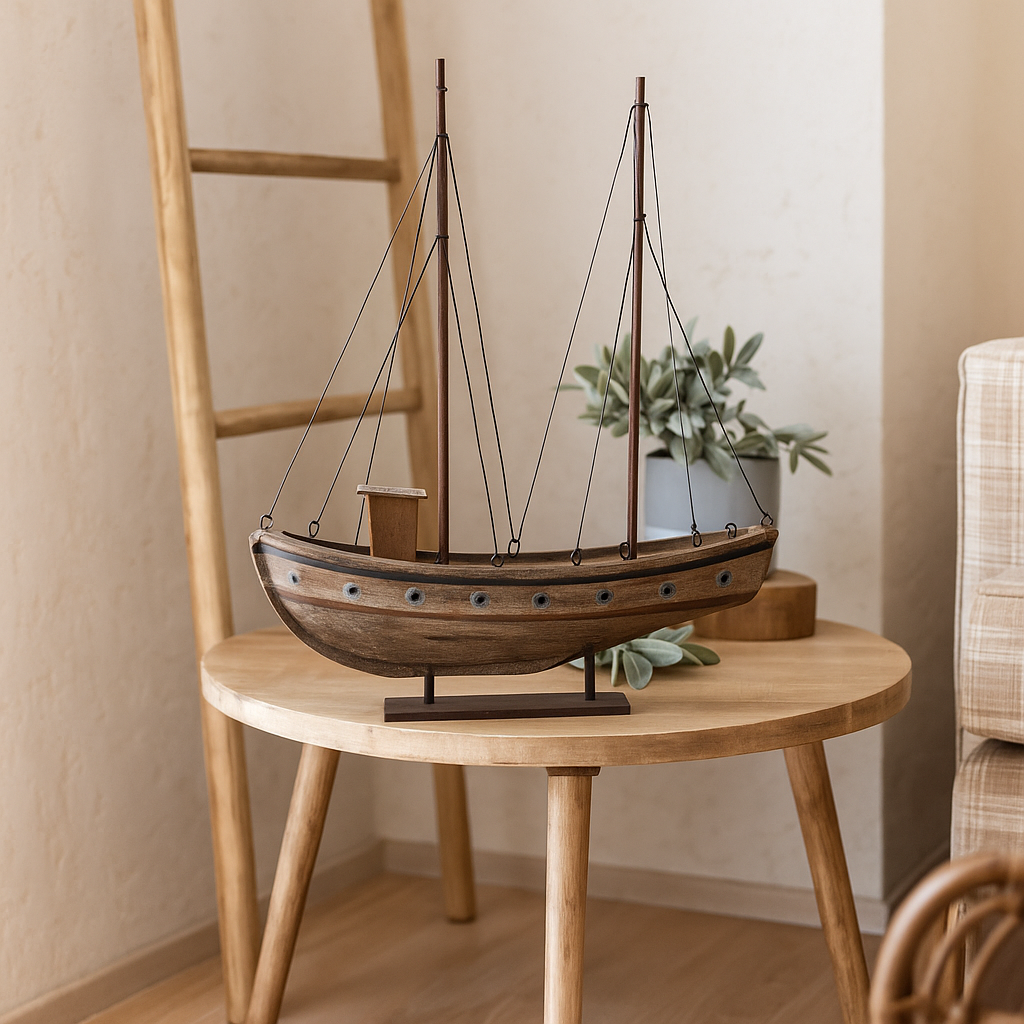 Miniature Wooden and Iron Fishing Boat – Handcrafted Nautical Decoration