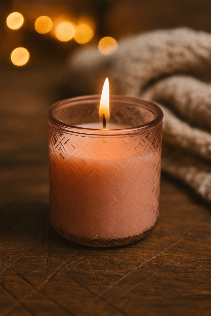 Candela in Vetro Riciclato Rosa Trasparente – Cera di Soia Naturale, Fragranza Berries