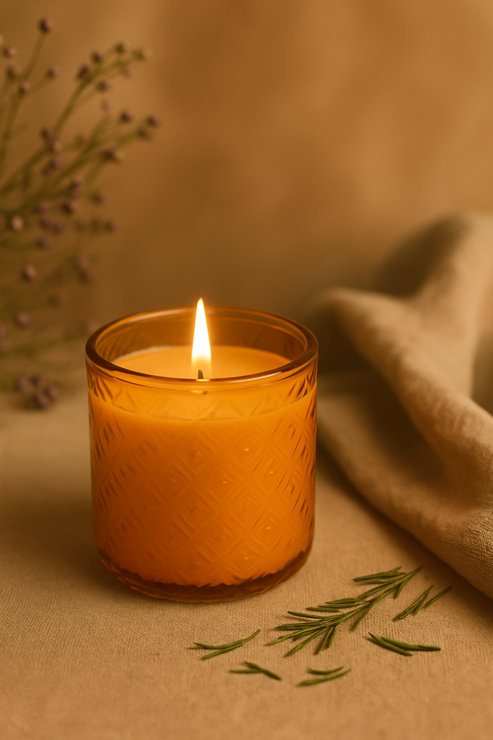 Candela in Vetro di Riciclo Arancio  – Cera di Soia Naturale con Fragranza Vaniglia