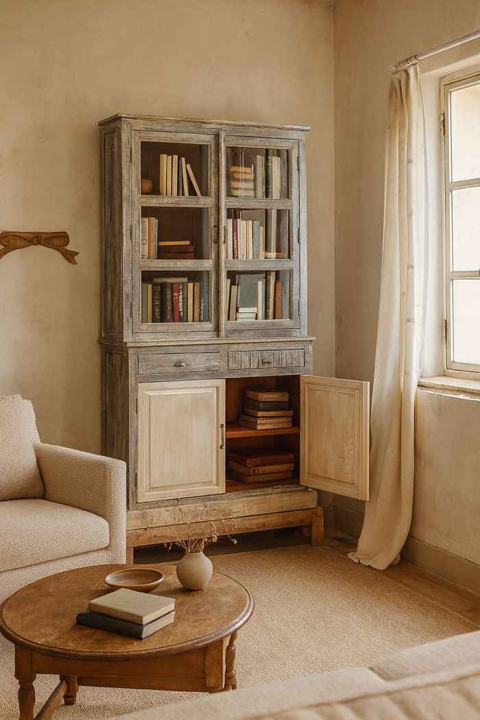 Credenza in Legno Azzurro e Bianco con Vetrina Spaziosa