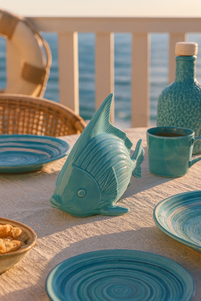 Statuina Decorativa Pesce in Ceramica Azzurro Turchese