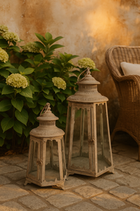 Set di 2 Lanterne Decorative in Ferro Grigio con Vetri per Interni ed Esterni, H 45 cm