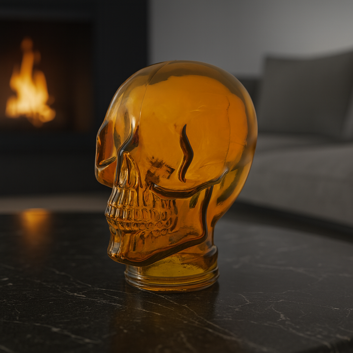 Teschio Decorativo in Vetro Arancio – Scultura per Decorazioni Moderne