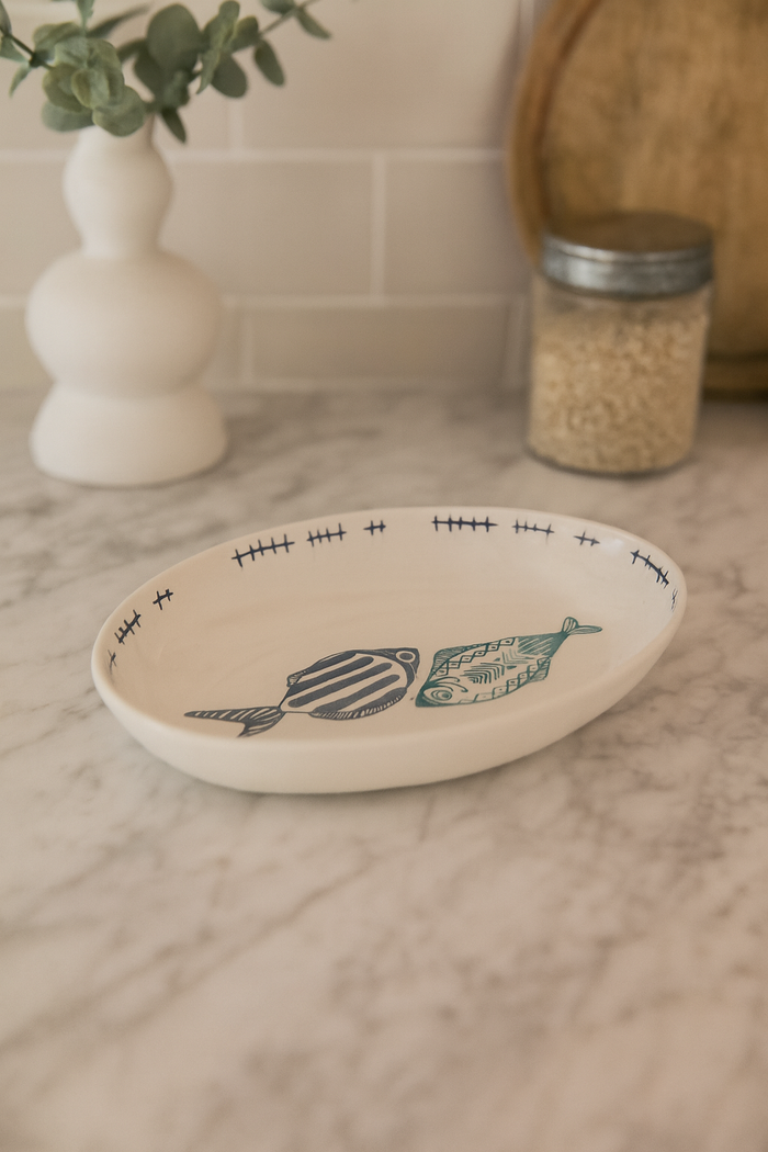 Vasca Ovale in Ceramica con Decorazioni marine di pesci