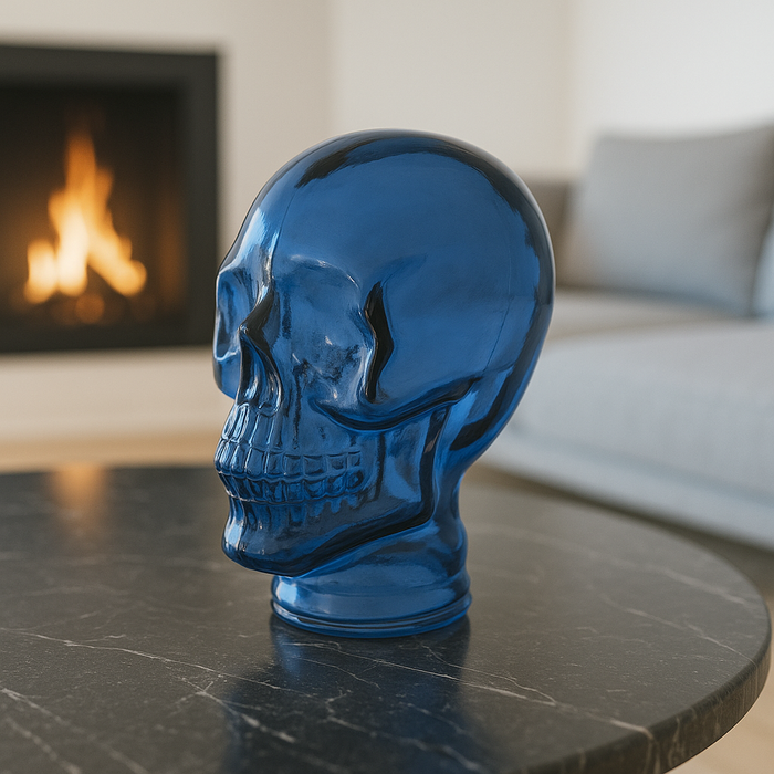 Teschio Decorativo in Vetro Blu – Scultura per Decorazioni Moderne e Uniche