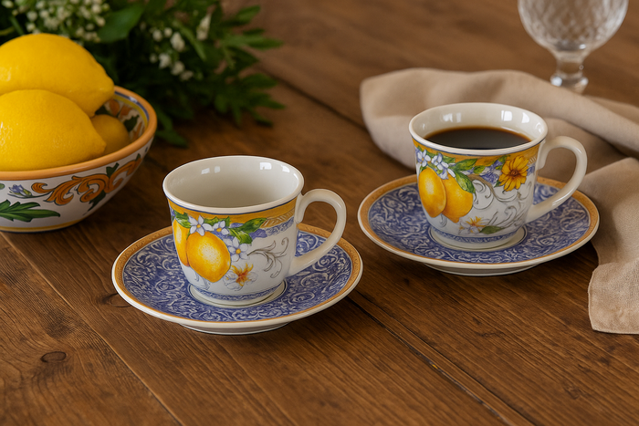 Coppia di Tazzine in Ceramica con Decoro Limoni
