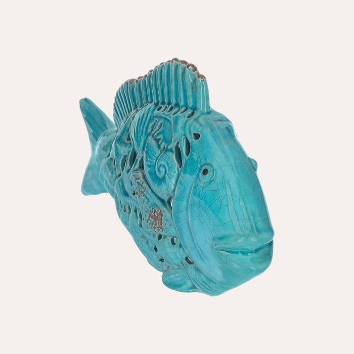 Pesce portacandele in ceramica azzurra, altezza cm 20