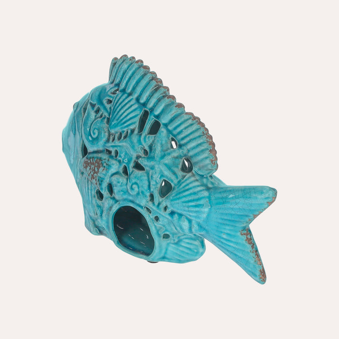 Pesce portacandele in ceramica azzurra, altezza cm 20