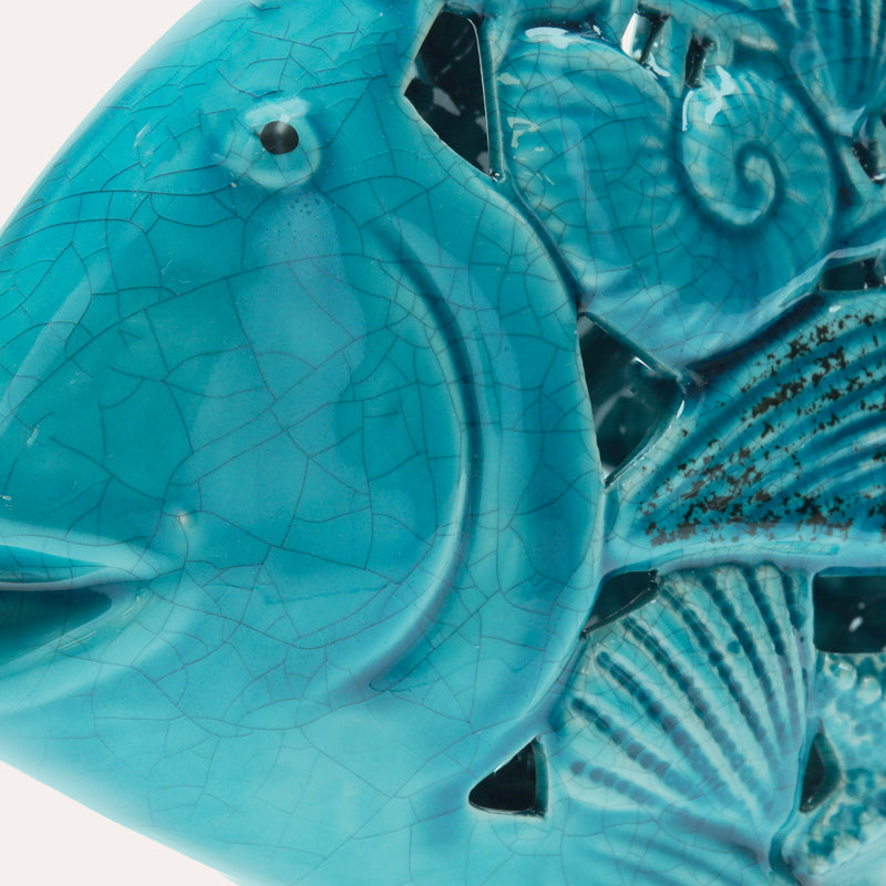 Pesce portacandele in ceramica azzurra, altezza cm 20