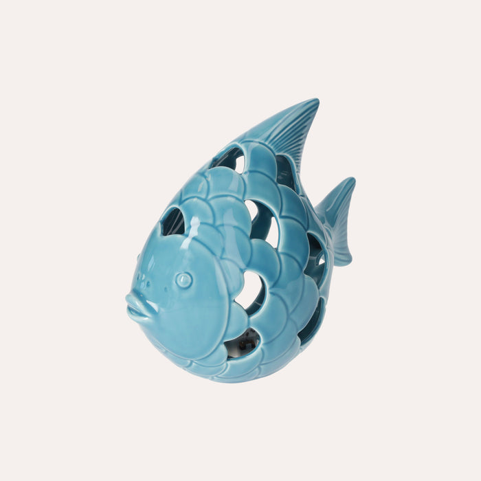 Statuina Pesce in Ceramica Azzurra con LED Integrato