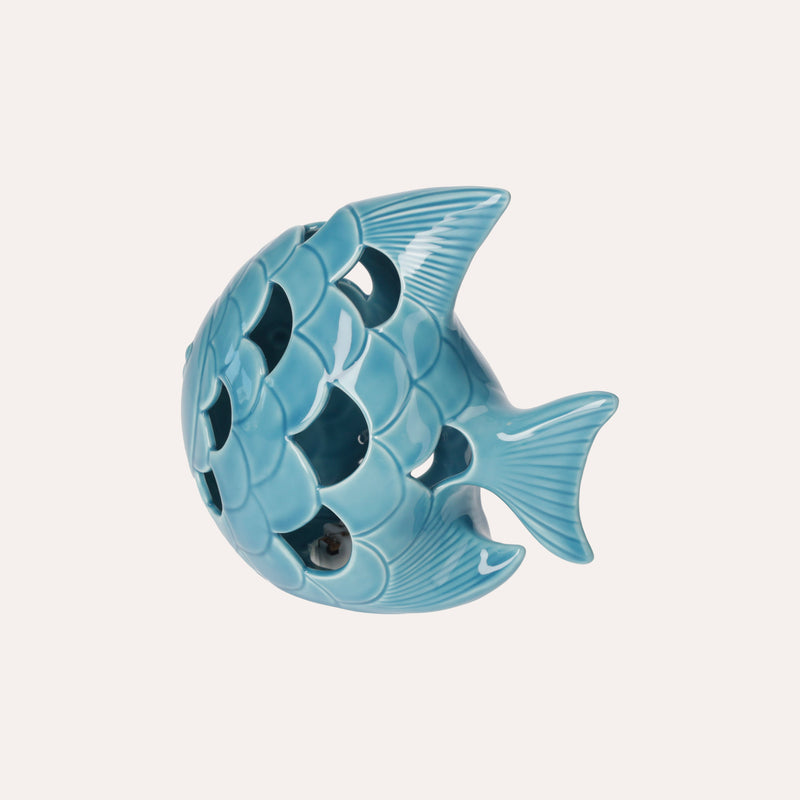 Statuina Pesce in Ceramica Azzurra con LED Integrato