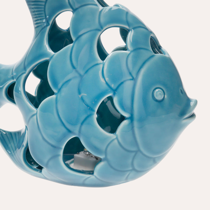 Statuina Pesce in Ceramica Azzurra con LED Integrato