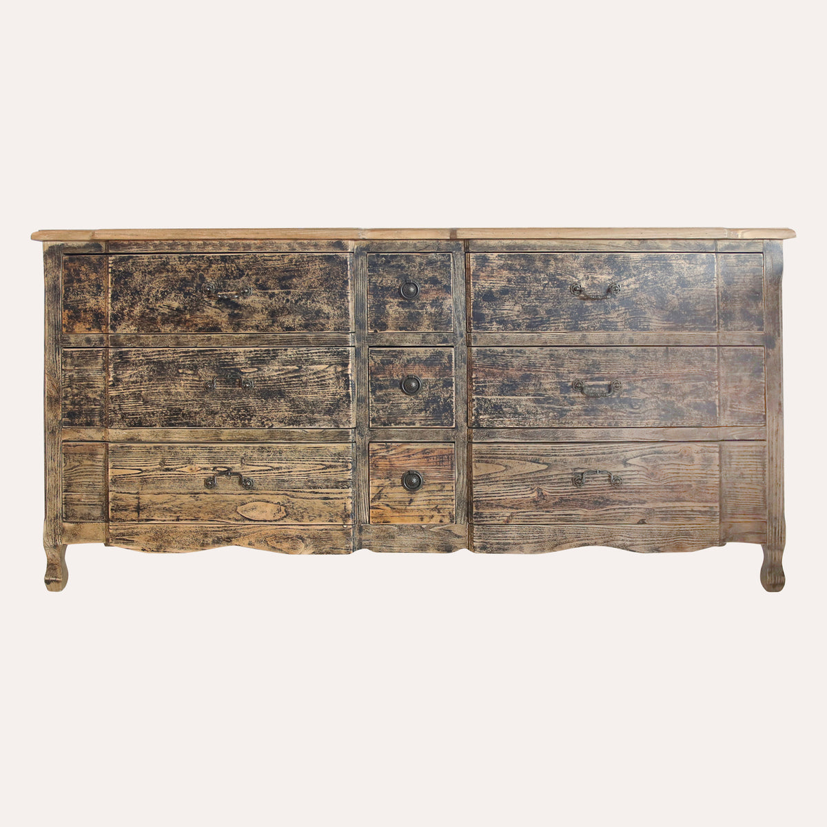 Comò in Legno 9 Cassetti Stile Rustico – 183x50xH86 cm