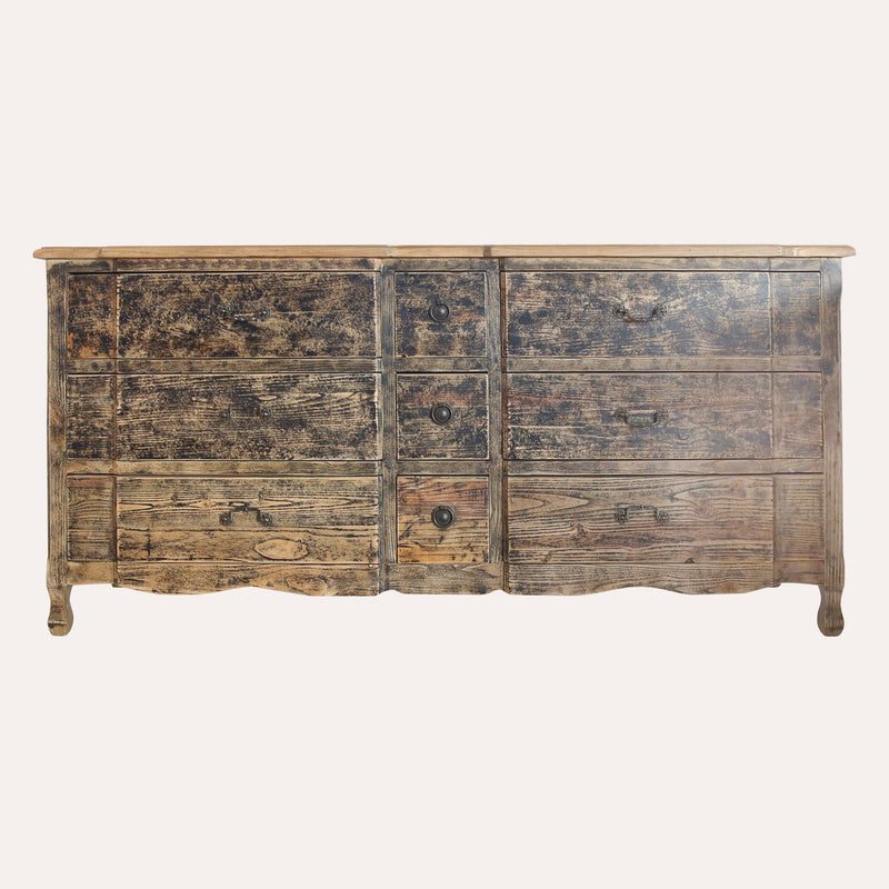 Comò in Legno 9 Cassetti Stile Rustico – 183x50xH86 cm