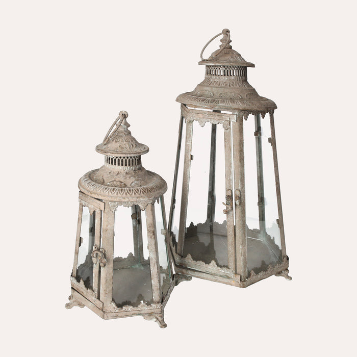Set di 2 Lanterne Decorative in Ferro Grigio con Vetri per Interni ed Esterni, H 45 cm