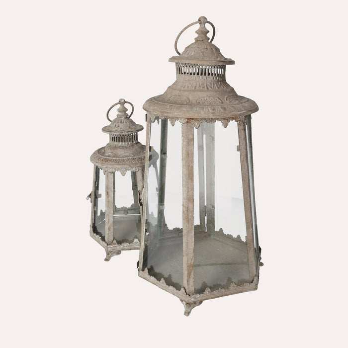 Set di 2 Lanterne Decorative in Ferro Grigio con Vetri per Interni ed Esterni, H 45 cm
