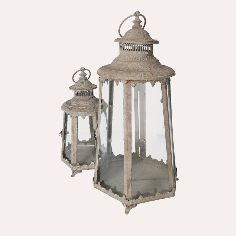 Set di 2 Lanterne Decorative in Ferro Grigio con Vetri per Interni ed Esterni, H 45 cm