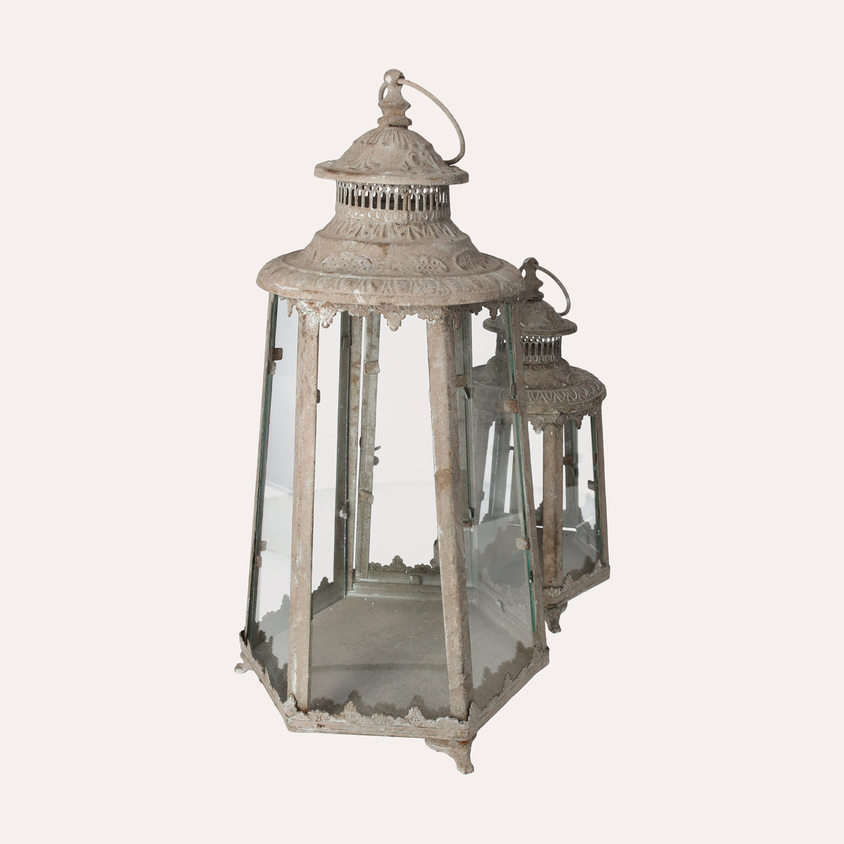 Set di 2 Lanterne Decorative in Ferro Grigio con Vetri per Interni ed Esterni, H 45 cm