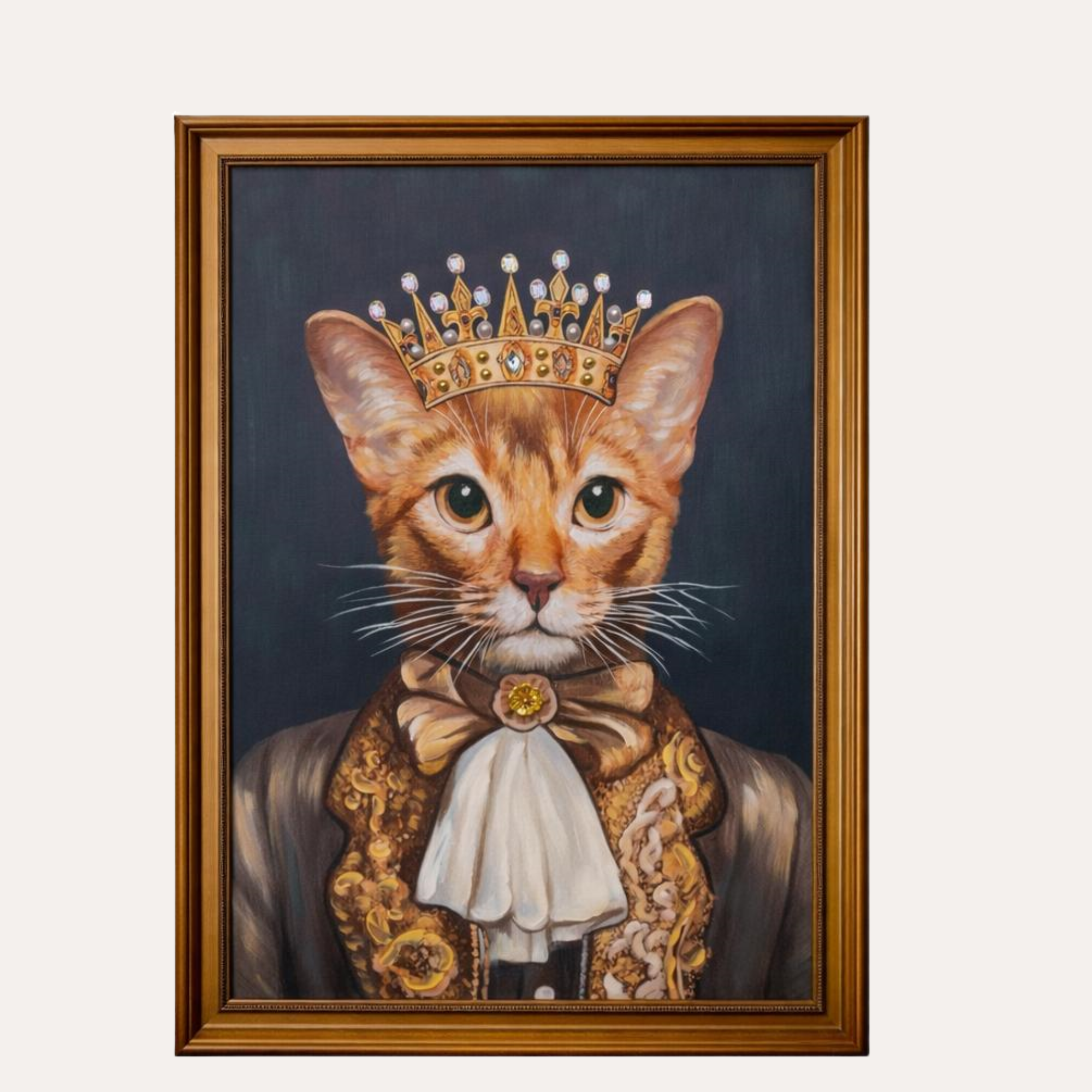 Quadro Gatto con Corona Stile Vintage con Cornice in Legno