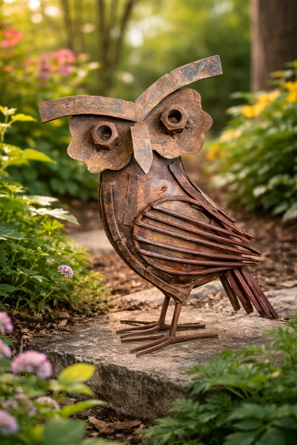 Gufo Decorativo in Ferro Effetto Ruggine – Scultura da Giardino Stile Rustico